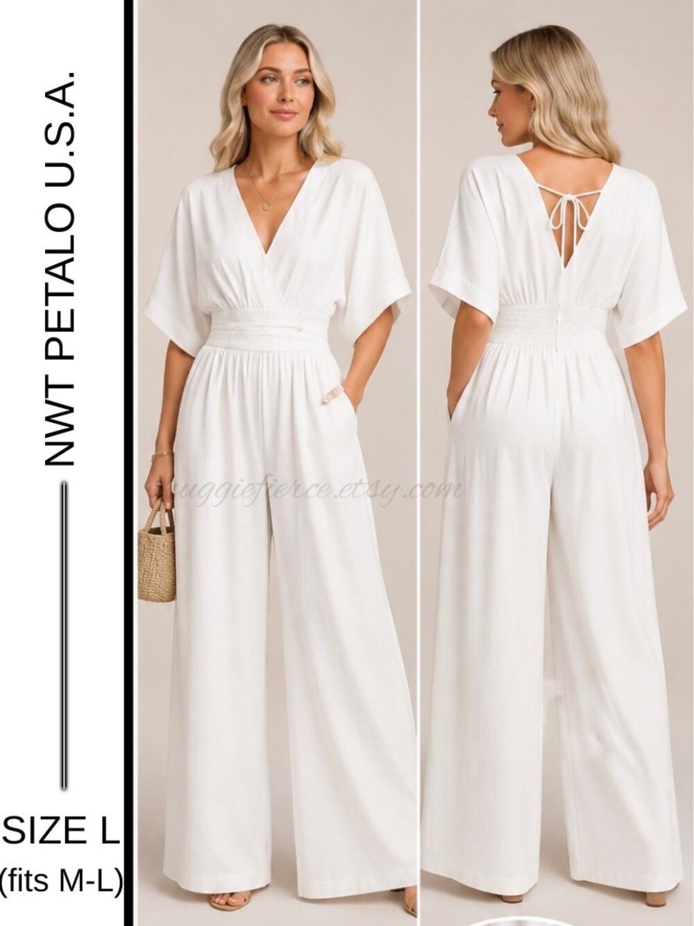 MSRP $98✨ Petalo USA Wide-Leg Jumpsuit – Size L (Fits M–L) | Smocked + Pockets ✨